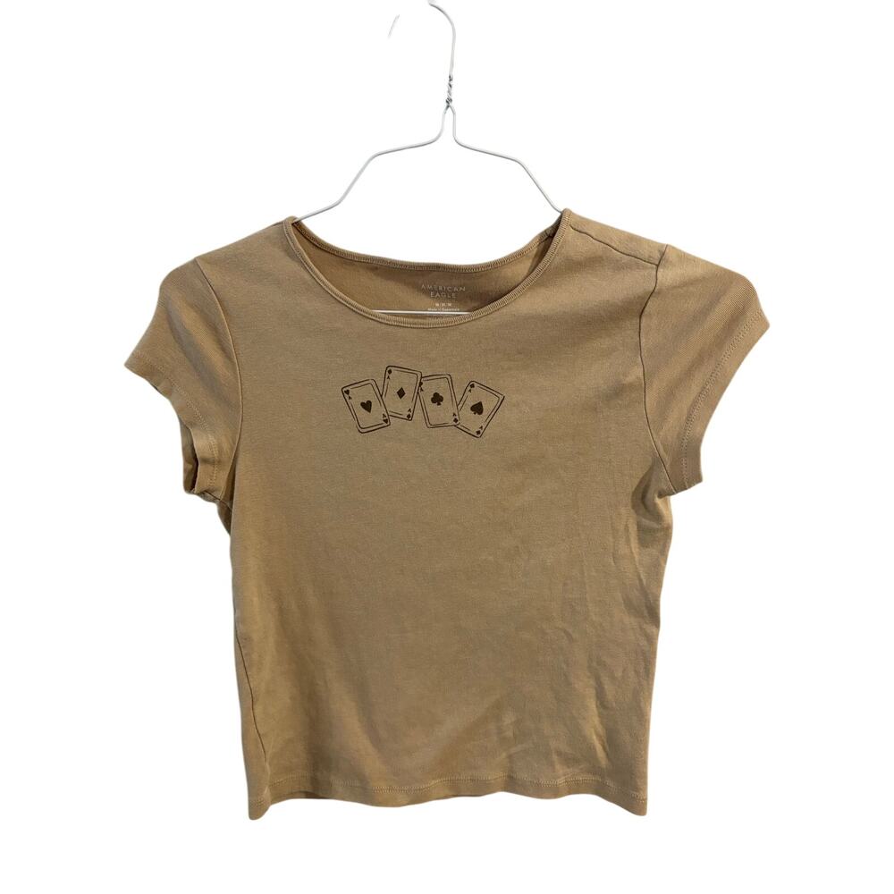 American Eagle AE Short Sleeve Playing Cards Graphic Tee Women’s Medium Tan
